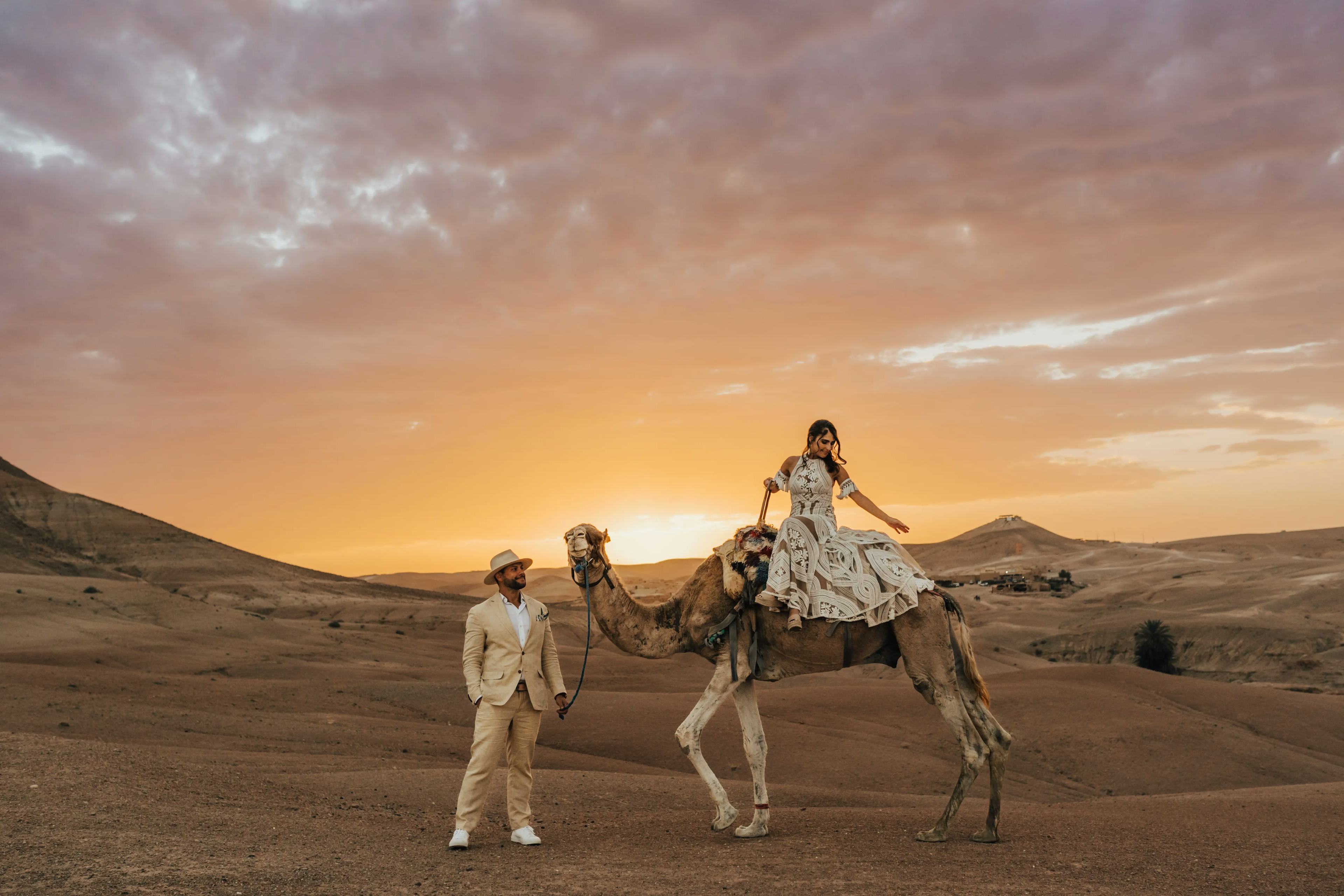 Bride riding camel in Marrakech Desert