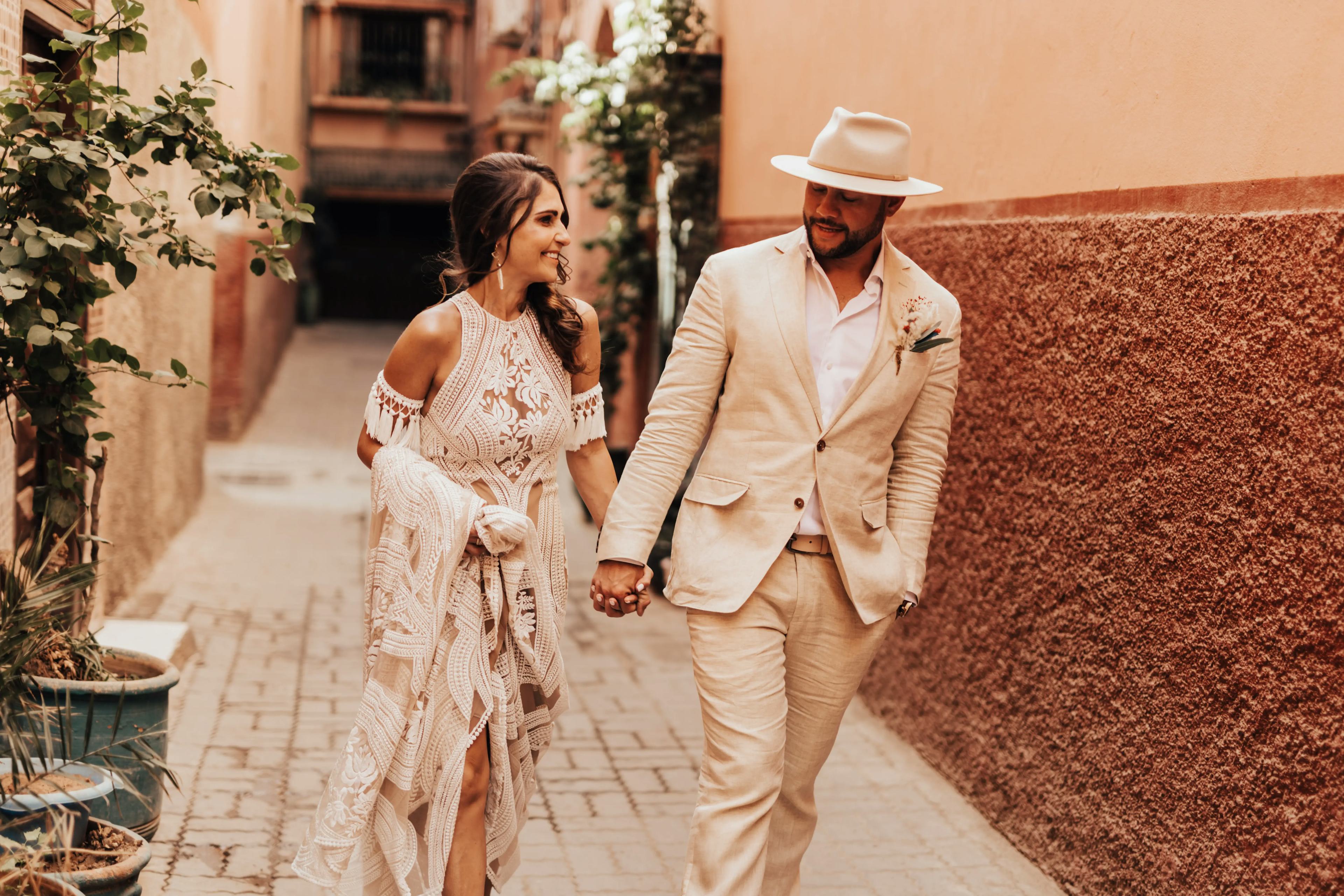 Couple walking around Marrakech