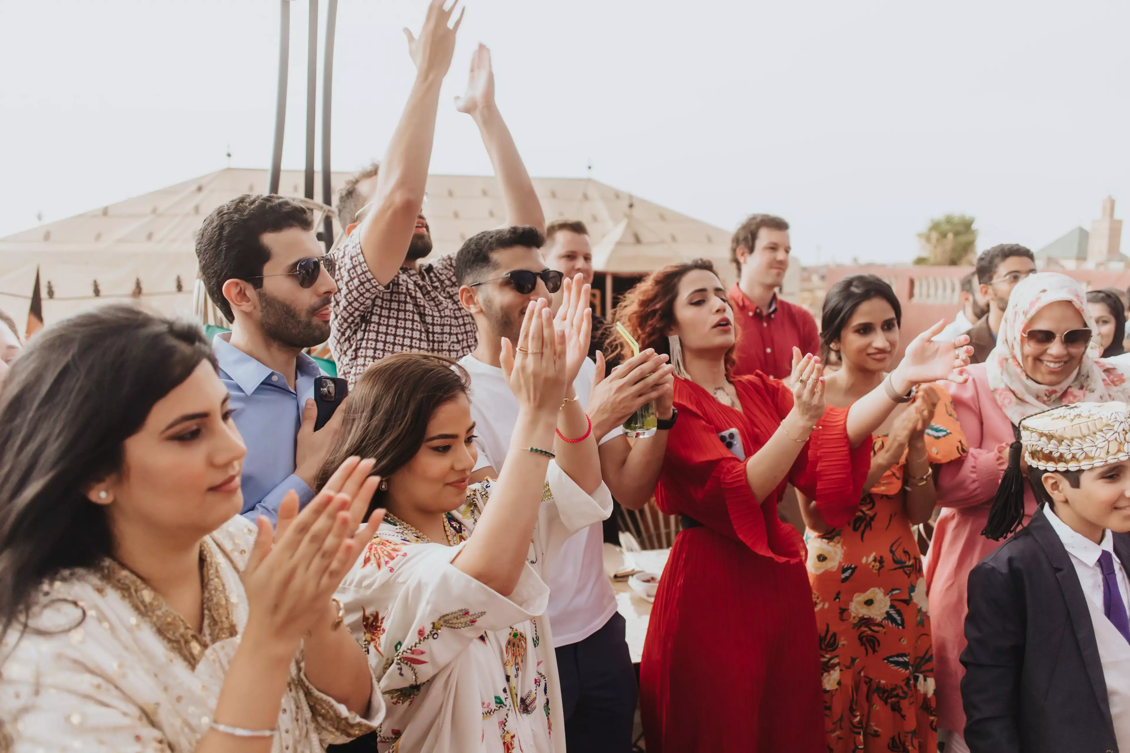 wedding guests on rooftop 