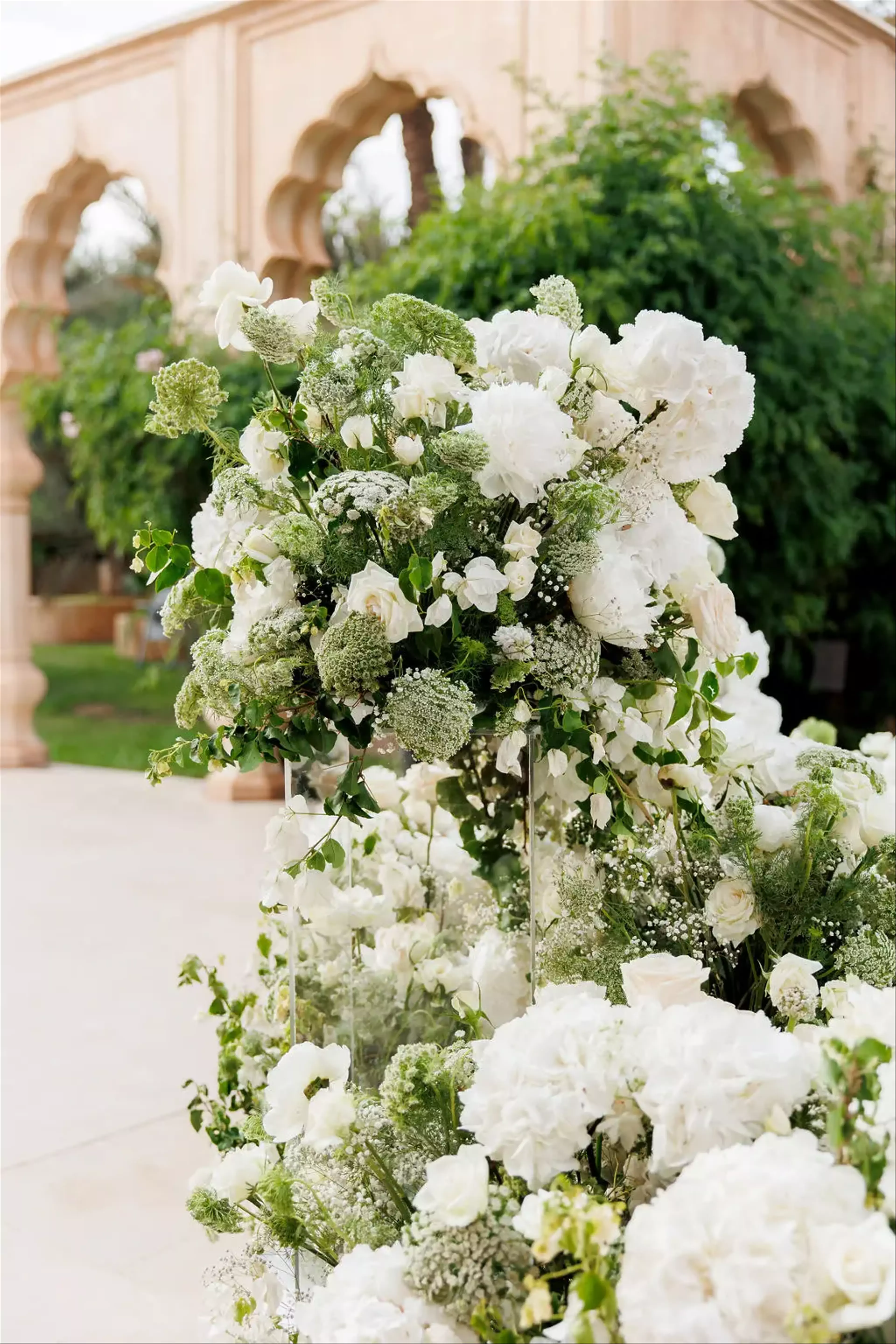 Luxury white wedding ceremony flowers for Morocco wedding