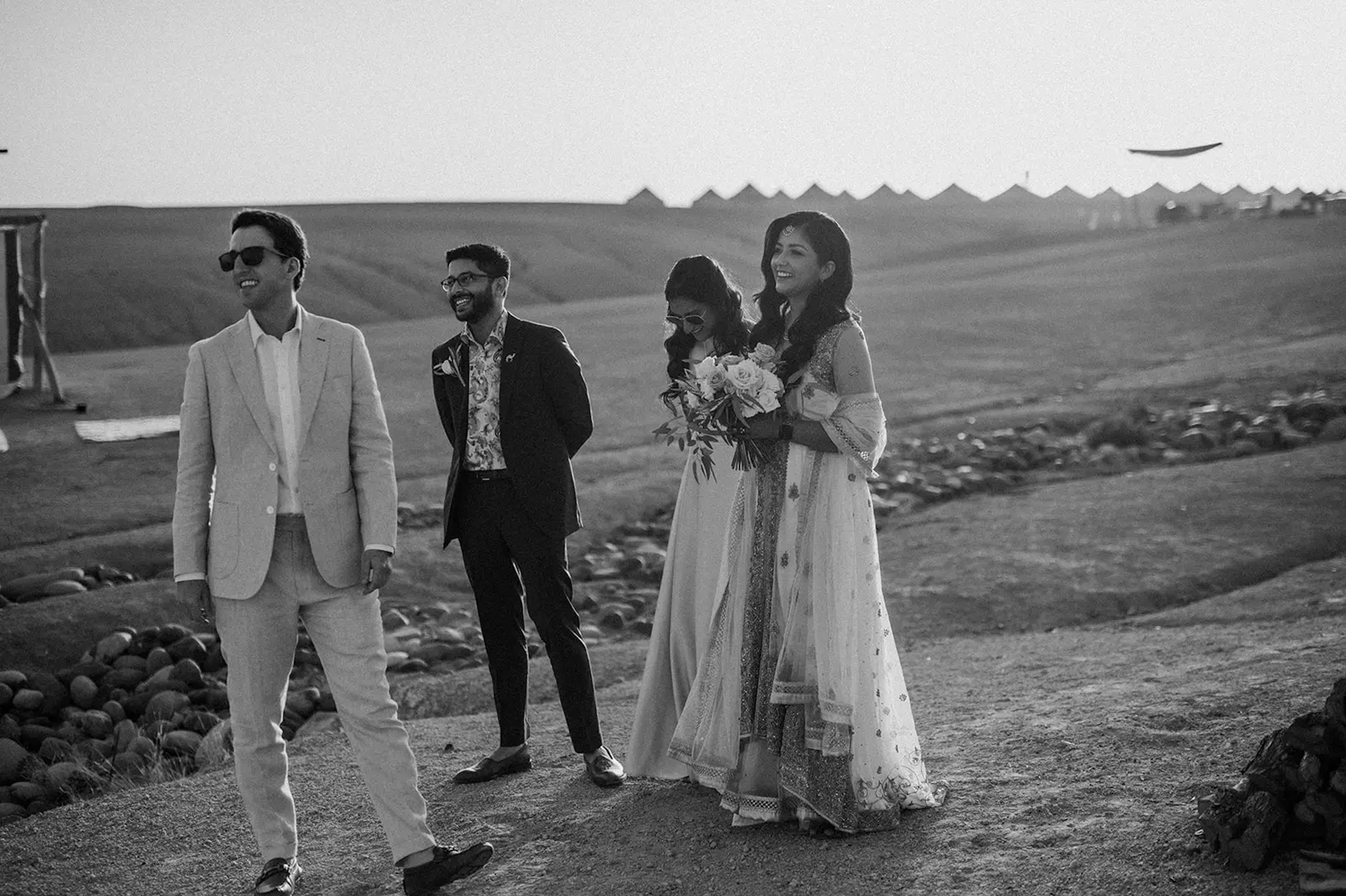 bride walking to desert wedding